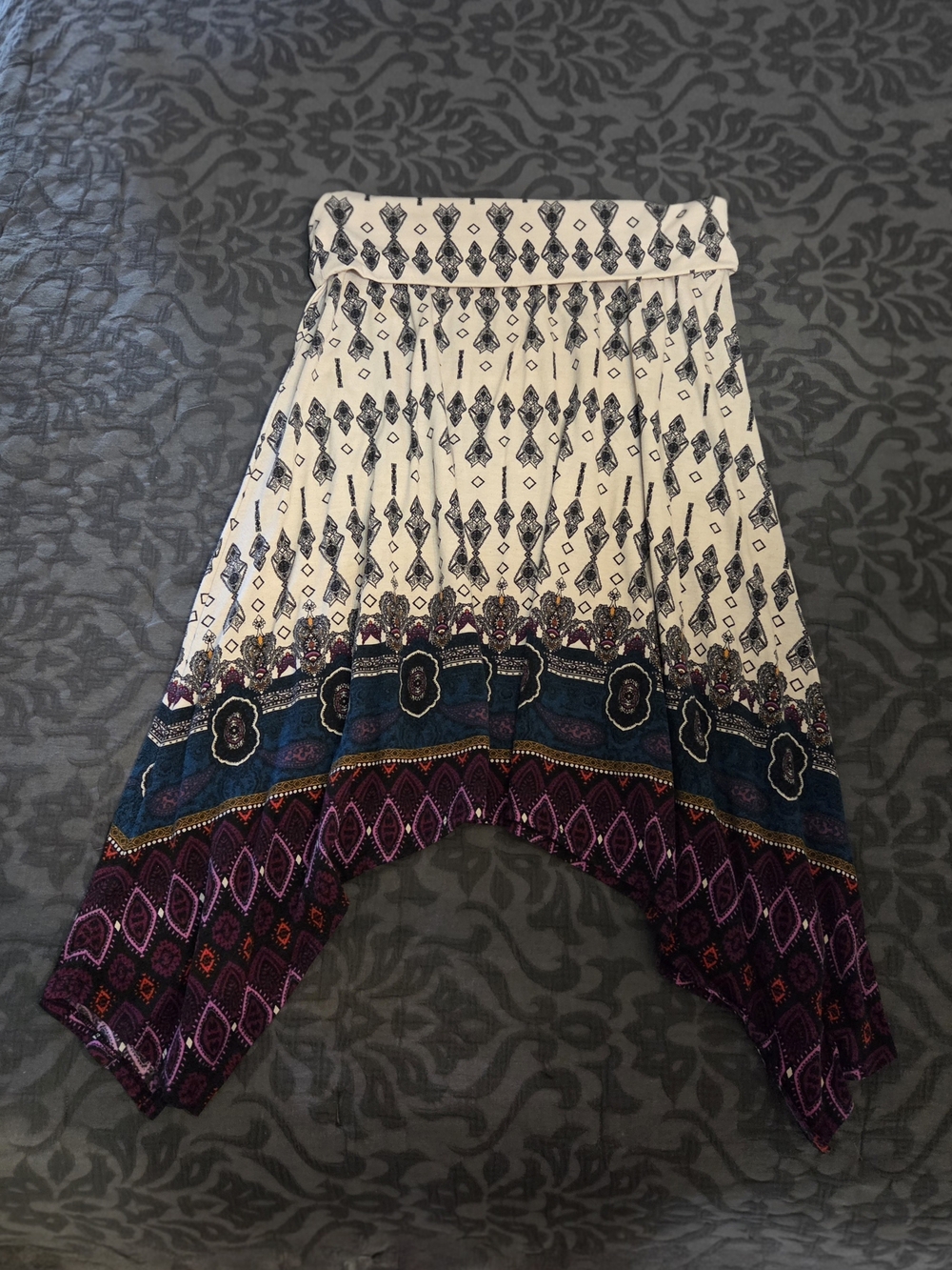 Cato Cream Asymmetrical Border Print Handkerchief Hem Skirt